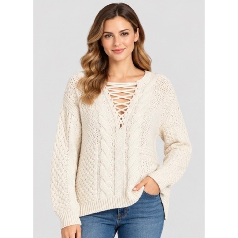 Idylwind Womens Medium Cream Cable Knit Sweater Lace Up Western Boho IF18SW04